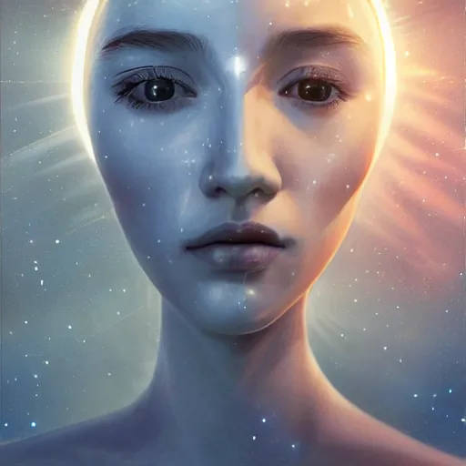 Prompt: sci - fi, close - up, 3 d, moon rays, night, sleepy fashion model face, cinematic, clouds, moon rays, vogue cover style, poster art, blue mood, realistic painting, intricate oil painting, high detail illustration, figurative art, multiple exposure, water, 3 d, by tooth wu and wlop and beeple and greg rutkowski