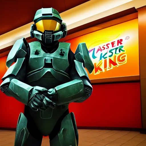 Prompt: Master Chief in Burger King, highly detailed, HD resolution, cinematic lighting,