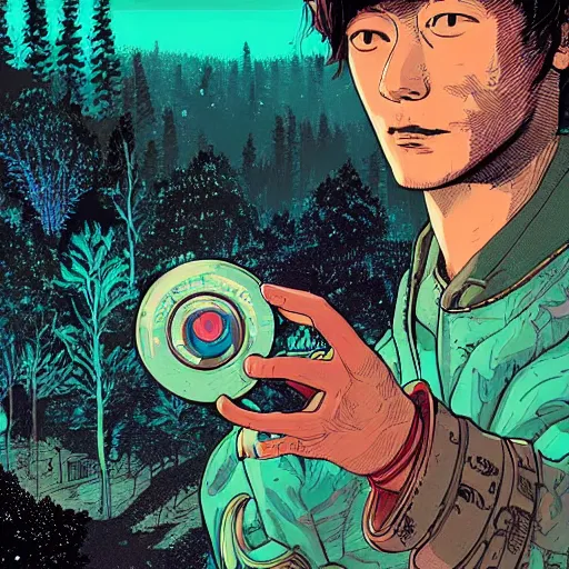 Image similar to Stunning close up of cyberpunk explorer holding his small circular robot friend in his hand, forest in background, highly detailed, by Victo Ngai and James Gilleard , Moebius, Laurie Greasley