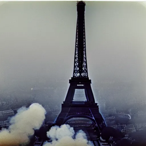 Image similar to extensive smoke rising from the top of the eiffel tower, aerial view, several police cars and crowds running across the ground, polaroid, 6 0's, hyperrealism, no blur, 4 k resolution, ultra detailed