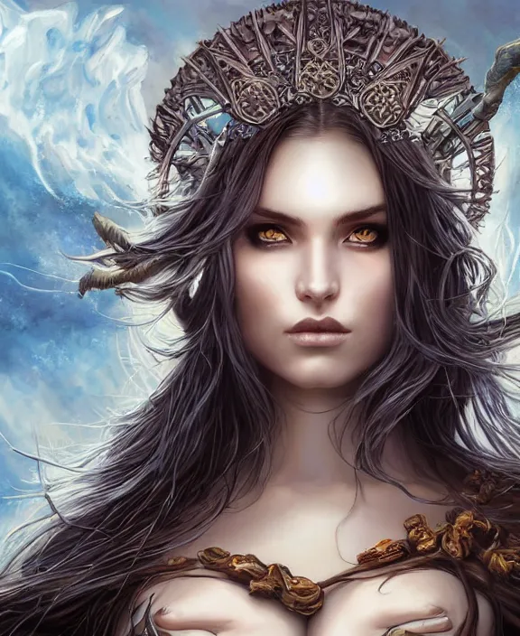 Image similar to a highly detailed symmetrical painting of a sorceress with piercing beautiful eyes, spring tundra setting, dynamic lighting, ambient lighting, deviantart, art by mark brooks and artgerm and karol bak