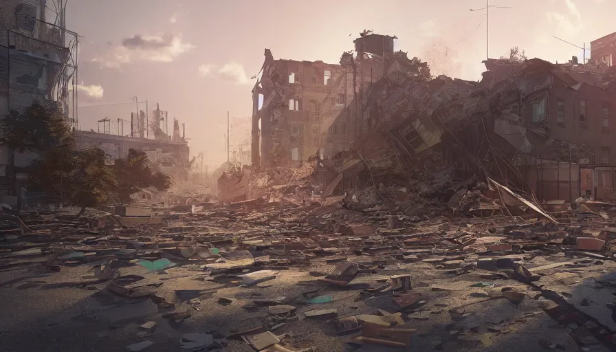 Image similar to back view, destroyed wahsington dc with collapsed buildings and little girl with teddy bear walking in the distance, sunny day, volumetric light, hyperdetailed, artstation, cgsociety, 8 k
