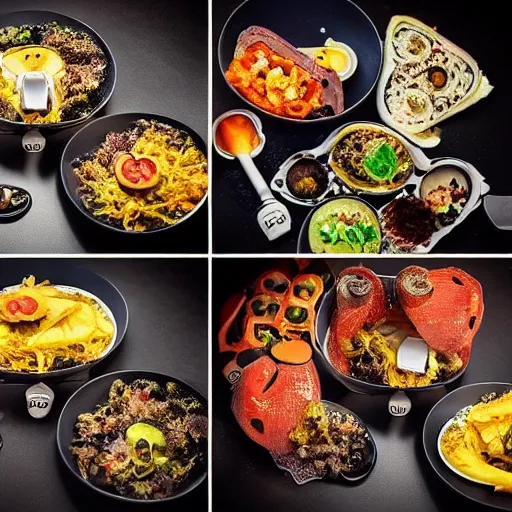 Image similar to a meal of strange and disgusting, but also futuristic designer food, food photography