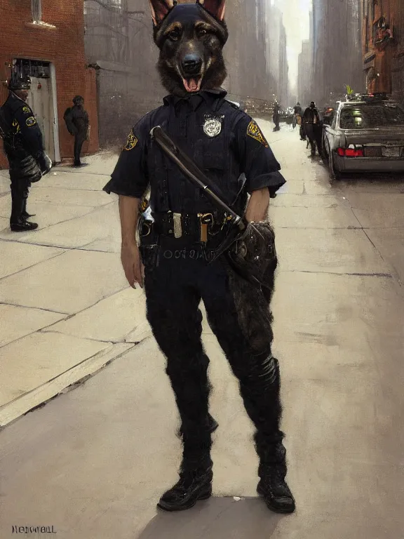 Image similar to new york city portrait of furry anthro anthropomorphic german shepard head animal person fursona wearing clothes nypd traditional police uniform in the alley, sunny day, digital art by Nerdrum John, William Waterhouse, Winslow Homer, Alex Heywood, Jordan Grimmer, Darren Quach, Greg Rutkowski, Simon Stalenhag, trending on Artstation, CGSociety