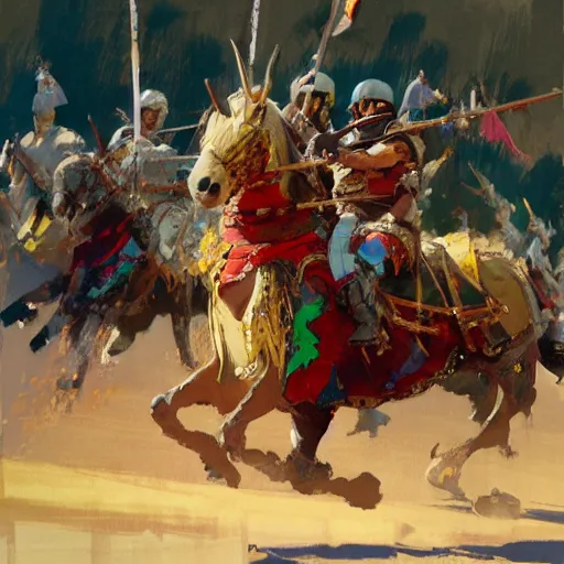 Image similar to mel gibson as rider with couched jousting lance, colorful caparisons, chainmail, detailed by greg manchess, craig mullins, bernie fuchs, walter everett