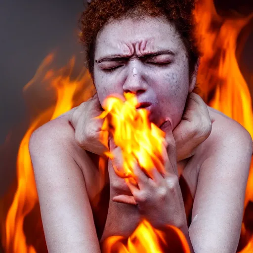 Image similar to portrait of a person who feels fear and agony while burning alive, 8k, highly detailed, photography