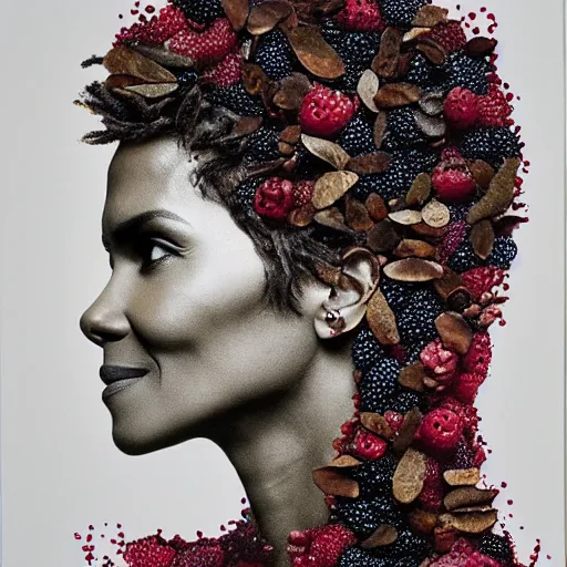 Image similar to a portrait of of halle berry constructed from berries, collage, drop shadow, organic, layered composition, layers, texture, mcu, petals, highly textured, layered, sculpted, dynamic,