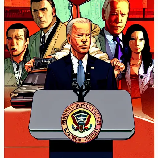 Image similar to gta chinatown wars art style as joe biden on next gta poster, with very detailed content, justify contents center, remove duplicate content.