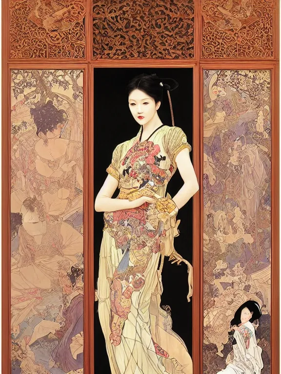 Image similar to an art nouveau painting of a pretty young zhang ziyi, dressed in a traditional, modest chinese intricately embroidered silk gown with a high collar, in front of a carved screen showing a tiger and a dragon, intricate, detailed, smooth, complex, elaborate, by alphonse mucha and james gurney and john william waterhouse