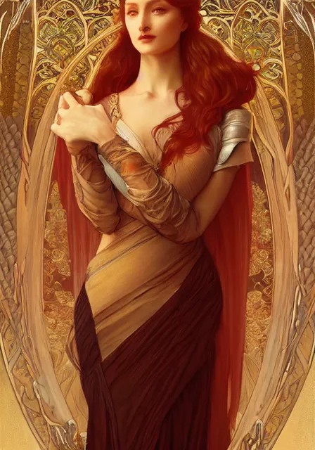 Image similar to sansa fire queen, intricate, elegant, highly detailed, digital painting, artstation, concept art, smooth, sharp focus, illustration, art by artgerm and greg rutkowski and alphonse mucha and willia m - adolphe bouguereau