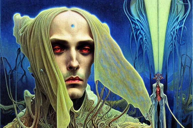 Image similar to realistic extremely detailed portrait painting of an elegantly creepy vampire man in cape, futuristic sci-fi landscape on background by Jean Delville, Amano, Yves Tanguy, Alphonse Mucha, Ernst Haeckel, Edward Robert Hughes, Roger Dean, rich moody colours, blue eyes