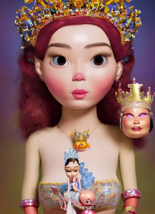 Image similar to closeup face profile portrait of tin toy bjork as a fairytale princess wearing a crown eating cakes, bikini, depth of field, zeiss lens, detailed, symmetrical, centered, fashion photoshoot, by nicoletta ceccoli, mark ryden, lostfish, breathtaking, 8 k resolution, extremely detailed, beautiful, establishing shot, artistic, hyperrealistic, octane render