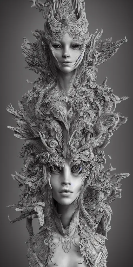 Image similar to a sculpture of mythical creatures by geenss archenti flores, elegant and beautiful female face, intricate psychedelia, elegant, highly detailed, artstation, concept art, ambient occlusion, vray render,