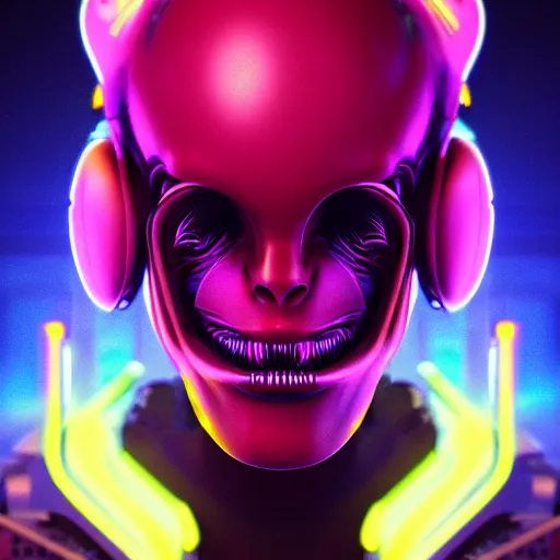 Image similar to synthwave alien face with neon tattos, detailed face, sharp focus, synthwave art, aesthetic, octane render, raw, cinematic