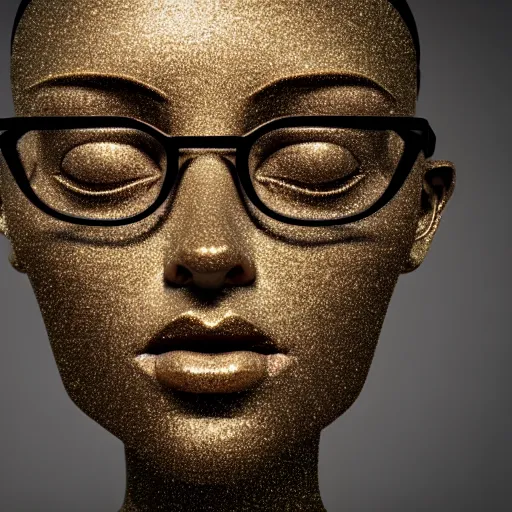 Prompt: sculpture of a beautiful woman, light marble bust, dark brown hair, thick glasses, photo studio, glitter, beautiful lighting, symmetry, 3 d render, wide shot