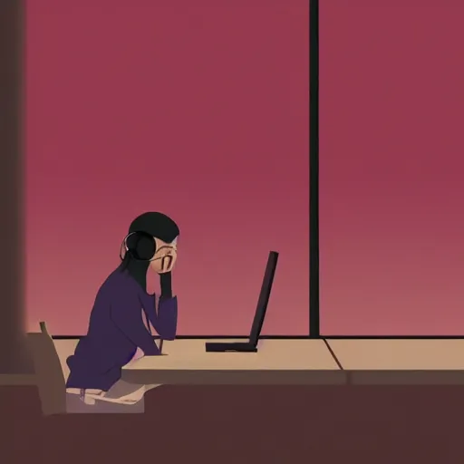 Prompt: illustration of female japanese student in profile, sat at her desk, her face lit by the computer screen, wearing headphones, japan, window, tokyo, neon lights outside , Hayao Miyazaki