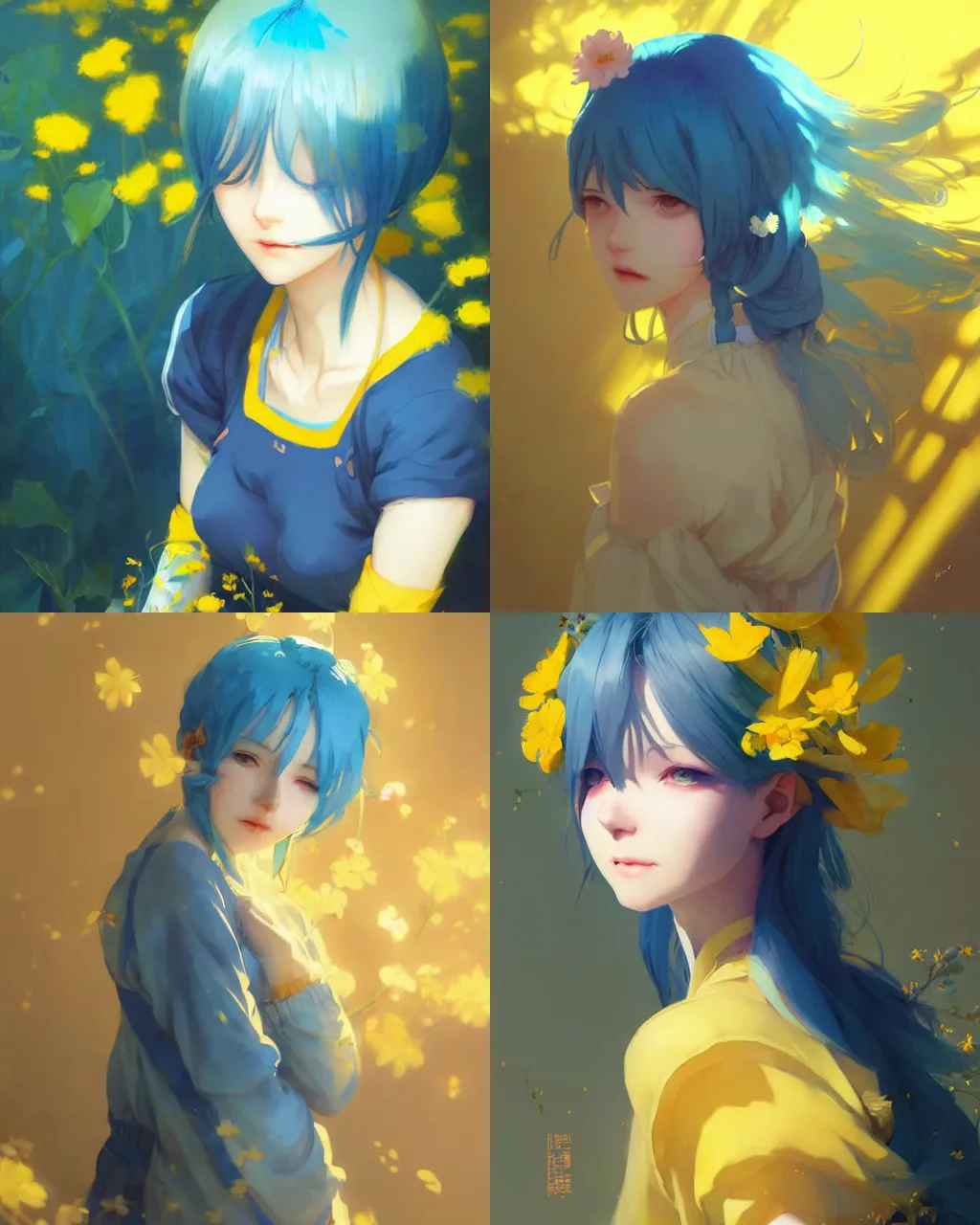 Prompt: girl with blue hair and yellow clothing, flower decoration on the background, a beautiful half body illustration, top lighting, perfect shadow, soft painting, art by hidari and krenz cushart and wenjun lin