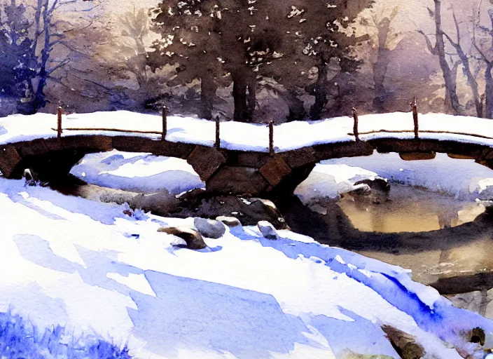 Image similar to watercolor of vintage tractor on rustic stone bridge in winter landscape, glistering, high detailed art by dennis miller bunker, work by anders zorn, wonderful masterpiece by greg rutkowski, beautiful cinematic light, american romanticism by greg manchess, creation by tyler edlin