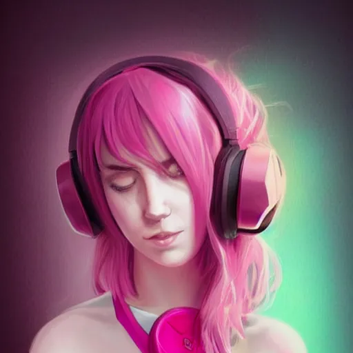 Image similar to very very very beautiful pink gamer girl wearing headphones standing in a pink girls room, full body portrait, eye contact, smiling, perfect face, perfect body, extreme long shot, drawn by charlie bowater