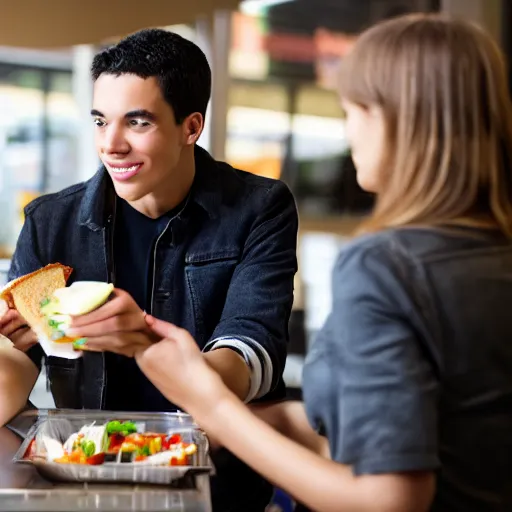 Image similar to a very handsome young male college student is buying lunch at the cafeteria but is out of money