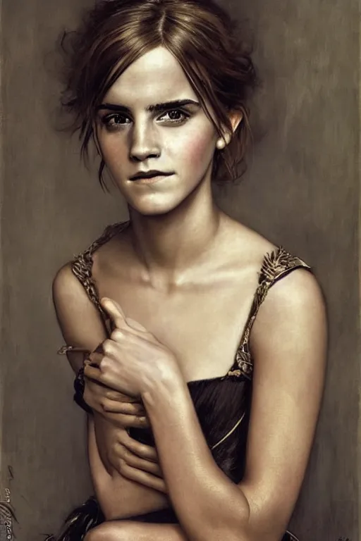 Image similar to emma watson frowning detailed portrait painting by gaston bussiere craig mullins j. c. leyendecker photograph by richard avedon peter lindbergh annie leibovitz