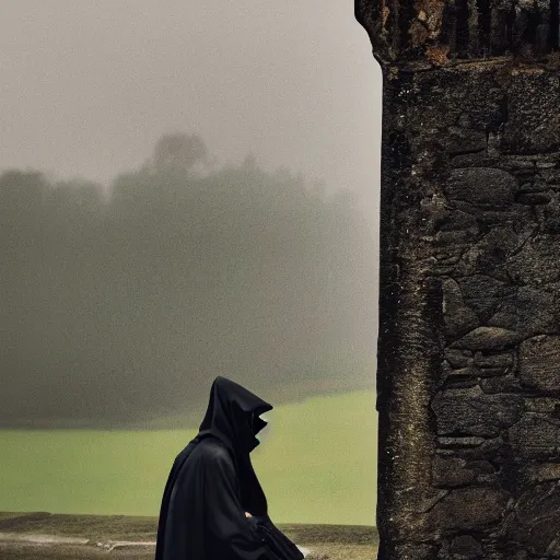 Image similar to black hooded trench coat man sitting on the edge of a castle, gothic, raining, 4k resolution