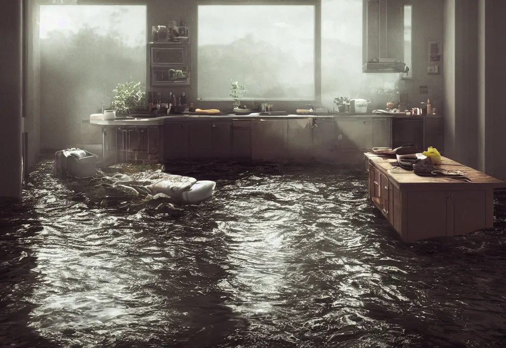 Prompt: kodak portra 4 0 0 photographic and realistic, 7 0's kitchen, detailed, octane render, unreal engine, 4 k, artstation, hyper realistic, wide angle, floor flooded, how a river, objects that float, 3 5 mm, sharp focus, soft light, volumetric light fog, in the style of gregory crewdson