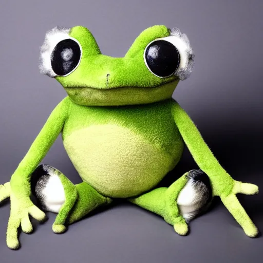 Image similar to a cute fuzzy frog plushy with large cartoon eyes, studio lighting, 4K photograph