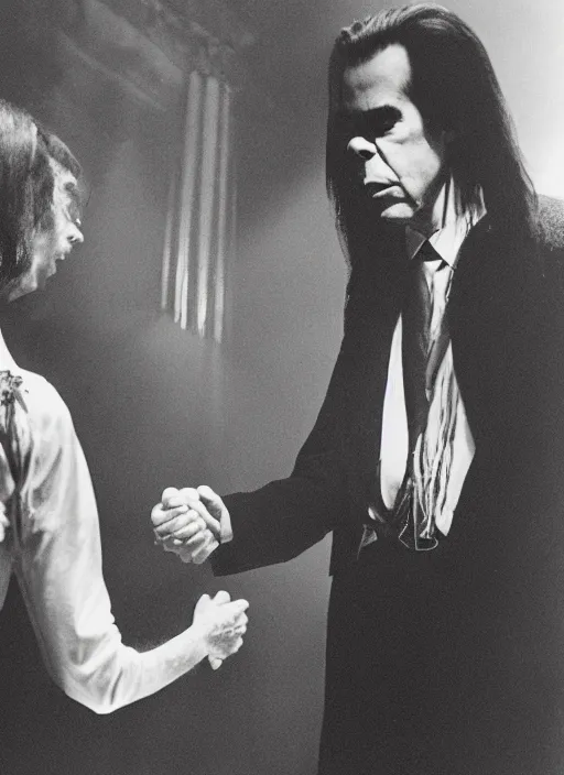 Image similar to Nick cave shaking hands with the devil