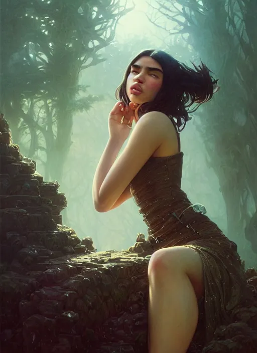 Image similar to Highly detailed portrait of Dua lipa, Stephen Bliss, unreal engine, fantasy art by Greg Rutkowski, Loish, Rhads, ferdinand knab, Makoto Shinkai and Lois van baarle, ilya kuvshinov, rossdraws, Tom Bagshaw, alphonse mucha, global illumination, radiant light, detailed and intricate environment