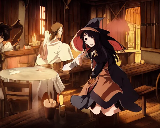 Image similar to key anime visual portrait of a young female witch in a tavern interior defending a companion, dynamic pose, dynamic perspective, cinematic, dramatic lighting.