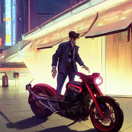 Prompt: sargent and leyendecker and greg hildebrandt, futuristic motorcycle with organic curves on the streets of tokyo, with neon lights, stephen bliss, unreal engine, fantasy art by greg rutkowski, loish, rhads, ferdinand knab, makoto shinkai, ilya kuvshinov, rossdraws, global illumination, radiant light, detailed and intricate environment