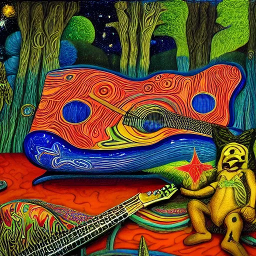 Prompt: psychedelic couch sofa in the lush forest, guitar, milky way, designed by moebius, rob gonsalves, gustav dore, giuseppe arcimboldo and carl barks, louis wain, trending on artstation, canada, star, sharp focus, colorful refracted sparkles and lines, soft light, 8 k 4 k