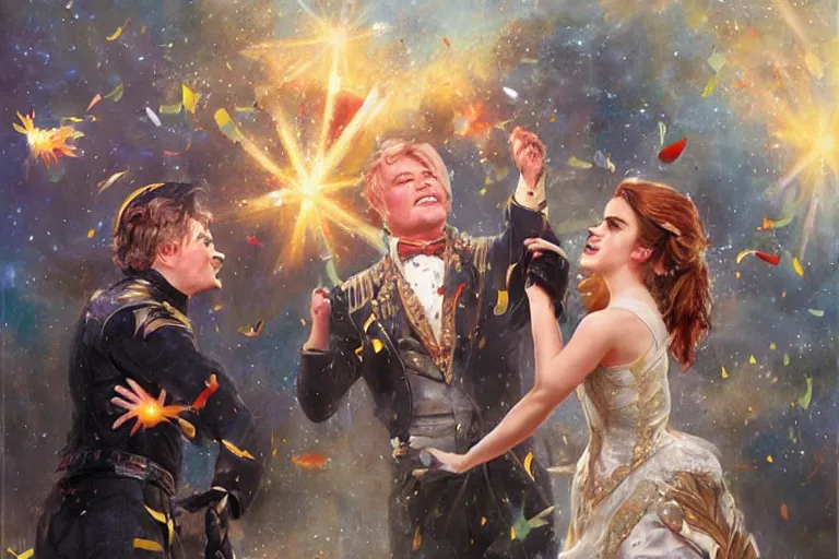 Prompt: portrait of rip taylor throwing confetti at an upset emma watson, an oil painting by ross tran and thomas kincade