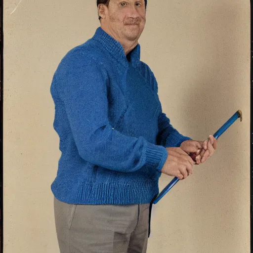 Image similar to man wearing a blue sweater and a white sash