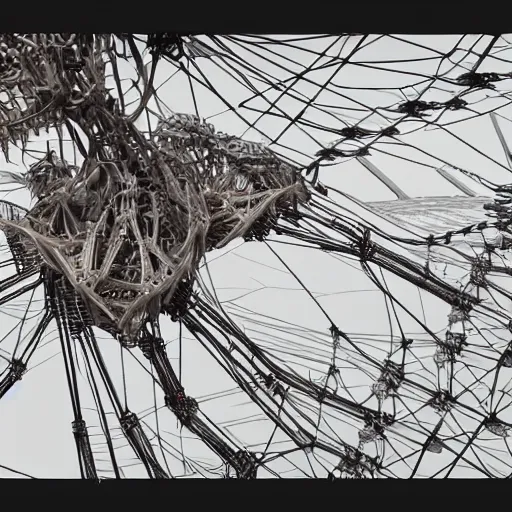 Image similar to a cel shaded rendering of an enormous biomechanical cyber strandbeest dragonfly in flight over a city. high key lighting. by theo jansen by alberto baisi