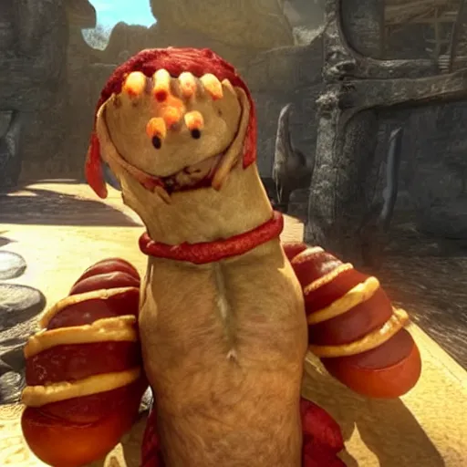 Image similar to a hotdog that is also the dragonborn in skyrim, dovadog