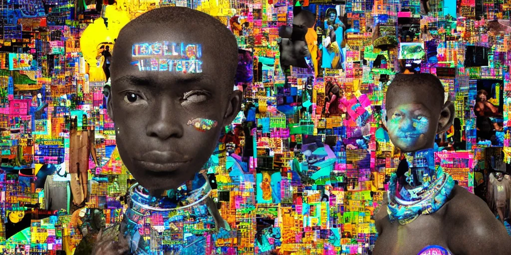 Image similar to ROBOT of AJEGUNLE SLUMS of Lagos inside African JESUS CHRIST about AESTHETICS surrounding large UFO within NEON rays of light, magazine collage,