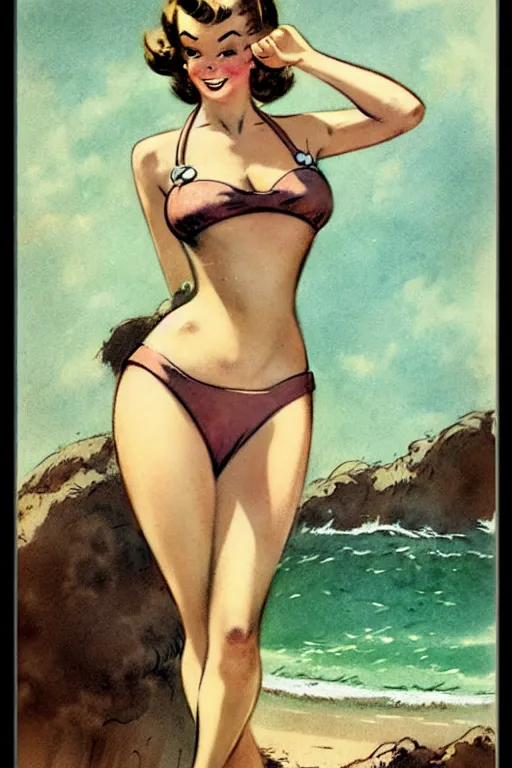 Prompt: 1950s adventure bikini girl, character illustration. muted colors, by Jean-Baptiste Monge