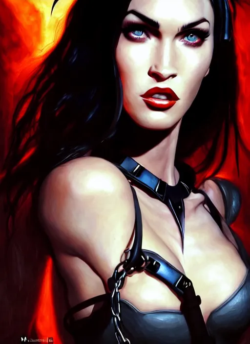 Image similar to portrait of megan fox as a evil demon with hornes, collar and leash, batwings, hell, jewelry, greek, dark, intricate, headshot, key visual, conceptart, ambient lighting, highly detailed, digital painting, artstation, concept art, sharp focus, by makoto shinkai and akihiko yoshida and greg manchess