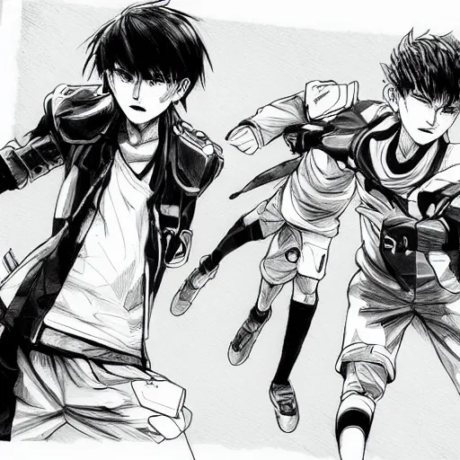 Image similar to a manga sketch of two boys playing cyberpunk soccer, black and white, pencil sketch, in the style of yoji shinkawa and takehiko inoue