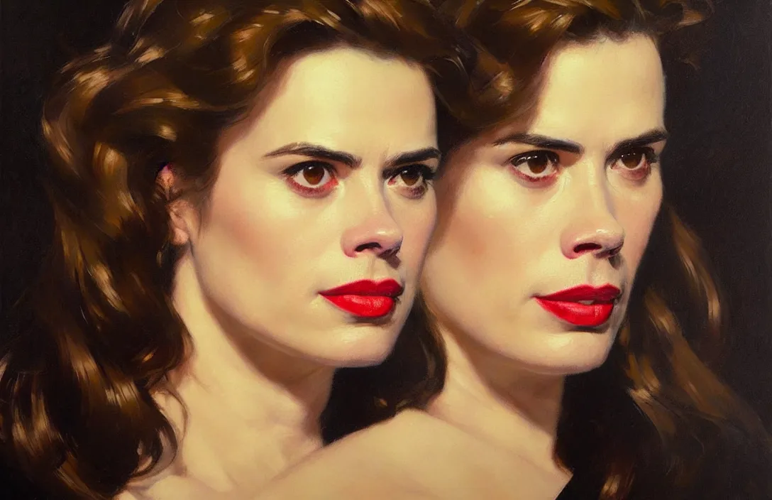 Prompt: portrait of hayley atwell!!!!!!!!!!!!!!!!!!!!!!!!!!!, detailed face, detailed painting, epic lighting, by ilya repin, phil hale and kent williams
