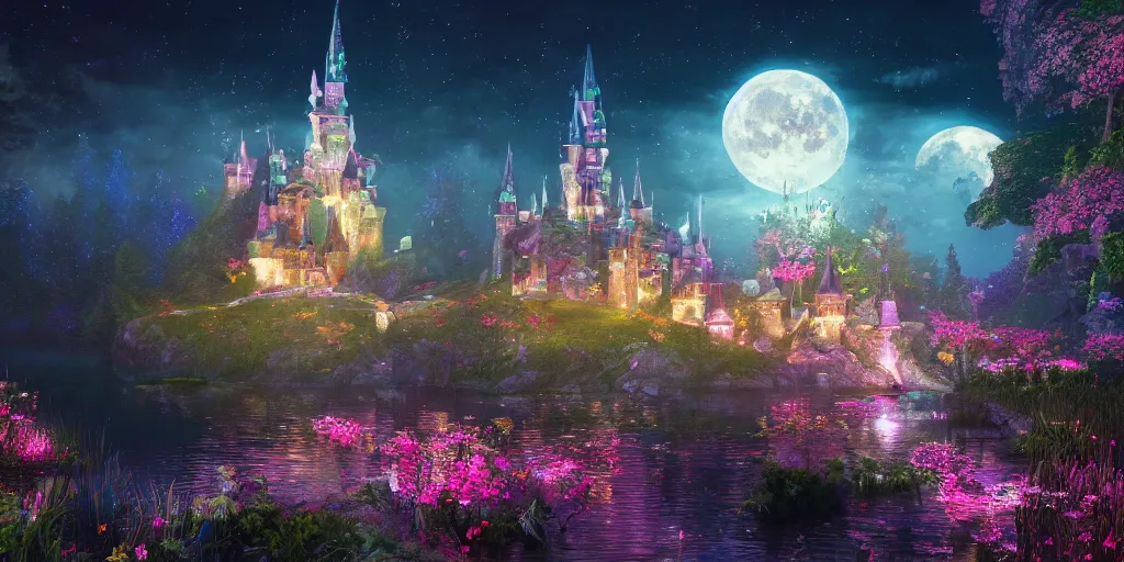 Image similar to a single glittering fairy castle at night, a full moon, water and colourful flowers, extremely detailed oil painting, unreal 5 render, fantasy digital art, octane render, beautiful composition, trending on artstation, award-winning photograph, masterpiece