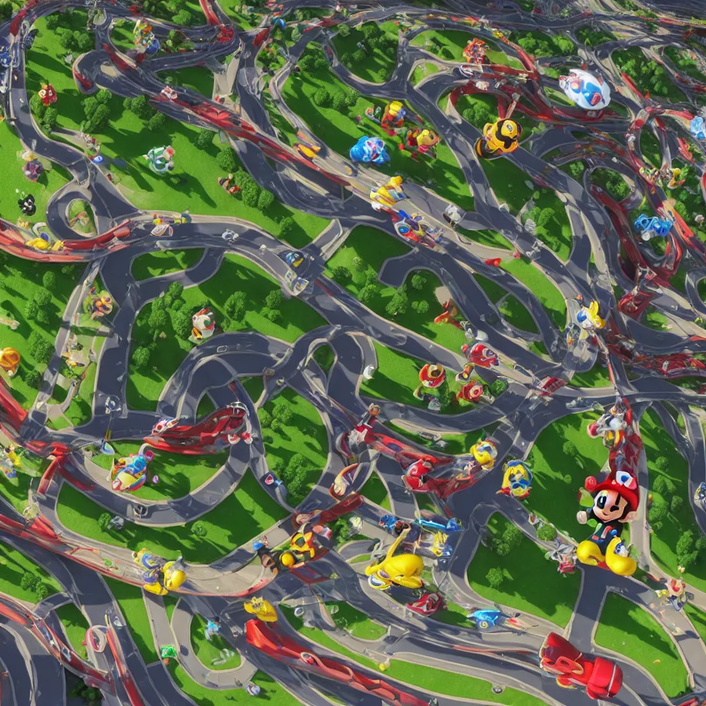 Image similar to mario kart 8 deluxe racing track. made by supercell, disney, pixar.