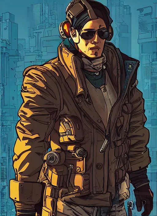 Image similar to hector tanaka. cyberpunk mercenary with scenic background. portrait illustration, pop art, art by ashley wood, alphonse mucha, laurie greasley and josan gonzalez. cinematic. dynamic lighting. realistic proportions. creative design. cell shading