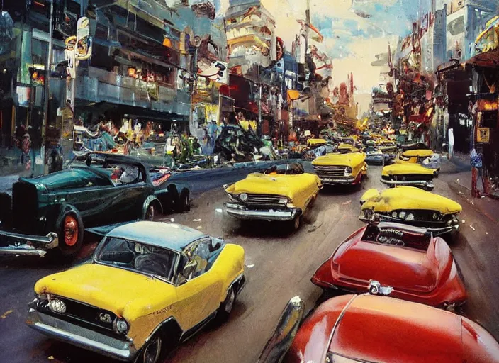 Prompt: hotrods driving down a street , vintage, highly detailed, 4K, by John Berkey