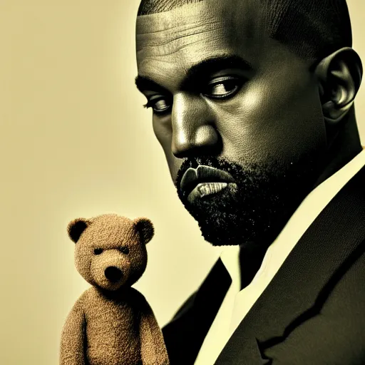 Image similar to Portrait studio photograph of Kanye West with a anthropomorphic teddy bear, close up, shallow depth of field, in the style of Felice Beato, Noir film still, 40mm