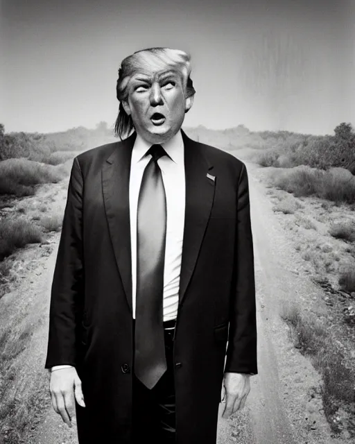 Image similar to if donald trump became a hippie, photoshoot in the style of diane arbus, hyperreal