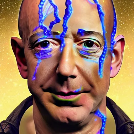 Prompt: Jeff Bezos as a terrifying cosmic horror with a thousand tentacles coming from his eyes and cracks in his head with a cosmic background. Epic digital art, extremely detailed, terrifying