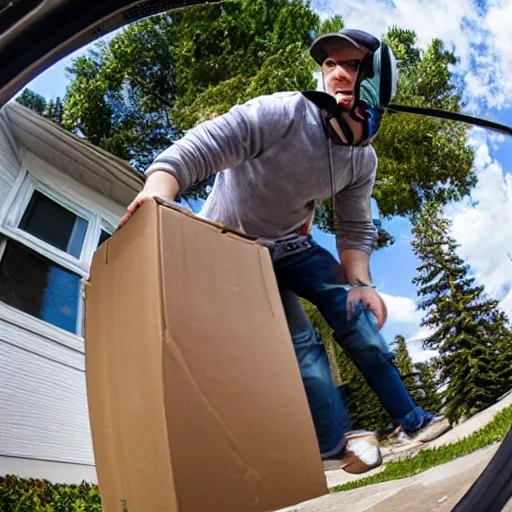 Image similar to fisheye view of dinosaur stealing packages from front porch, ring doorbell view